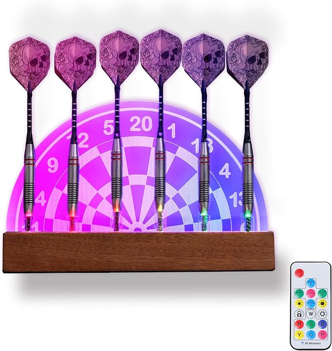 Light Up Dart Stand Wall Mount, Acrylic Wooden LED Dart Holder with Multiple Color Modes with Remote Control Holds 6 Darts, Xmas Birthday Gifts for Darts Enthusiasts