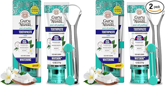 GuruNanda Hydroxyapatite Toothpaste, SLS & Fluoride Free, Whitening Toothpaste - Freshens Breath, Fights Plaque - Natural CocoMint Jasmine Neem, 4.2oz (Pack of 2)