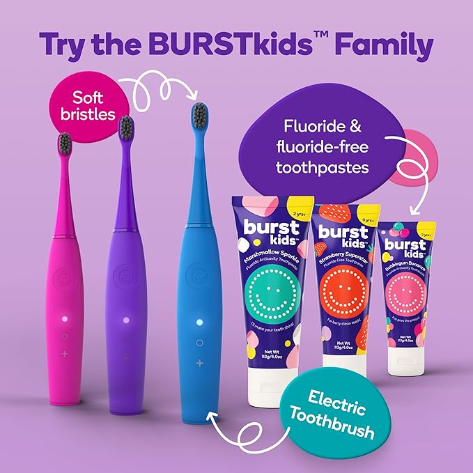 Burst Kids & Toddlers Electric Toothbrush (Pink) | Soft Bristles | Two Minute Timer | Rechargeable Battery | Easy-Grip Silicone Handle | 2 Modes for Healthy Smiles | Ages 3+