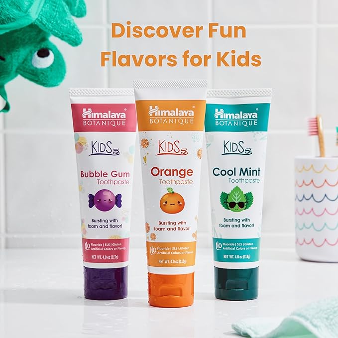 Himalaya Botanique Kids Toothpaste, Herbal, Orange Flavor, Fights Plaque, Fluoride-Free, Gentle, No Artificial Flavors or Colors, SLS Free, Gluten Free, Cruelty Free, Vegan, Foaming, 4 Oz, 1 Pack