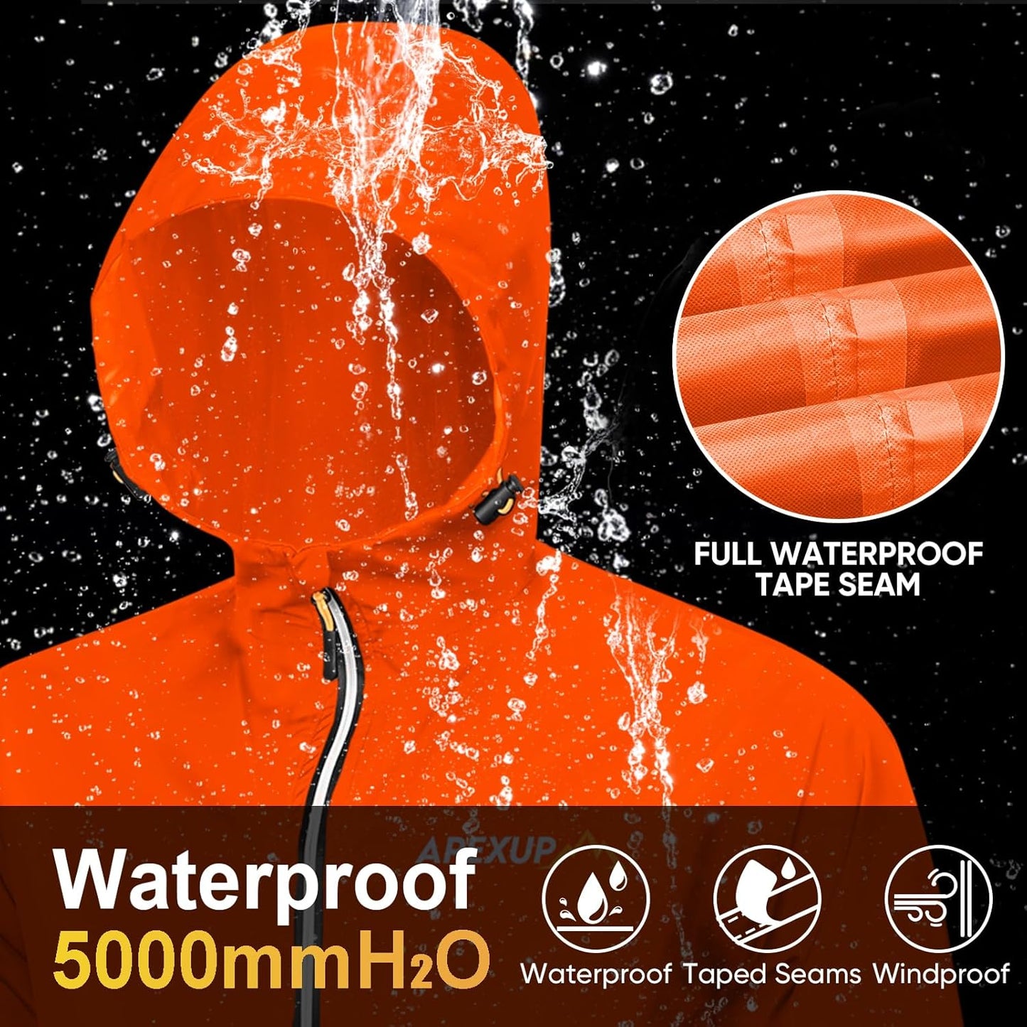 APEXUP Packable Rain Jacket Men with Reflective Zipper, Lightweight Waterproof Raincoat, Mens Rain Jacket for Outdoor Sports