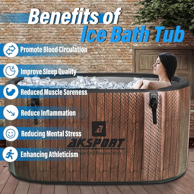 AKSPORT Ice Bath Tub for Athletes, 151 Gallons Inflatable Cold Plunge Tub Compatible with Water Chillers, Icebath for Recovery & Cold Water Therapy, Portable Bathtub for Indoor & Outdoor-Wood