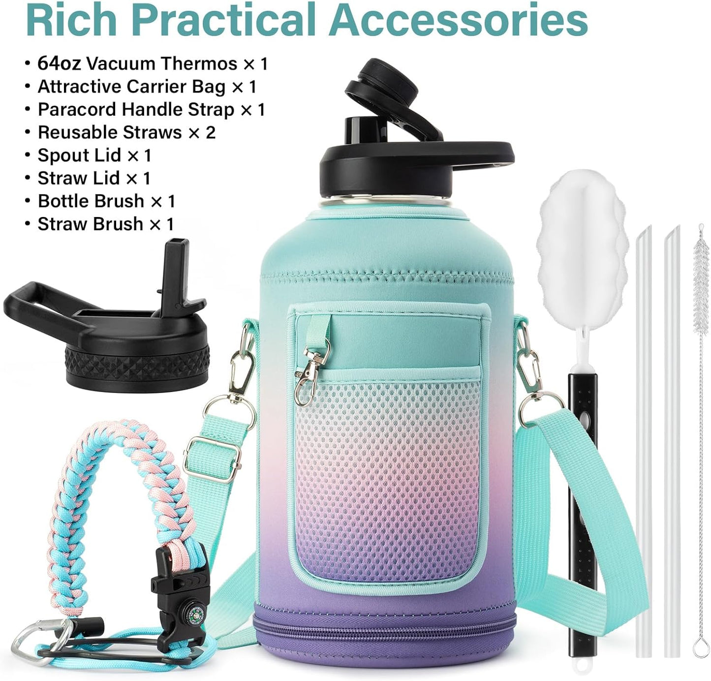Insulated Water Bottle | Thickened Stainless Steel Vacuum Metal | Portable Sports Half Gallon Large Water Jug for Gym and Hiking with Straw, Carrier Bag, Handle Strap | BPA-Free 64 oz