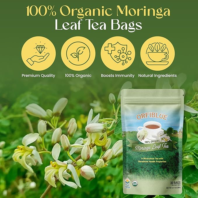 100% Organic Moringa Leaf Tea bags | Organic Herbal Teas | Premium Quality & Flavorful Blends - 0 Sugars, 0 Carbs, 0 Fats, 1% Sodium (25mg) | Rich in Vitamins - Detox, Immunity, Wellness & More (Moringa)