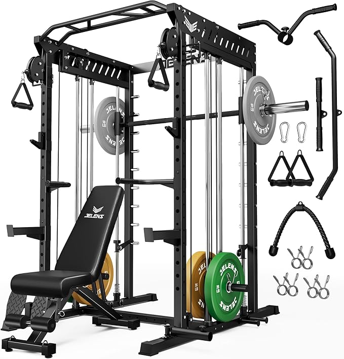 M21 Smith Machine, Multi-Function Power Cage with Dual Pulley Cable Crossover System, 2000LBS All-in-One Squat Rack with Smith Bar and Attachments