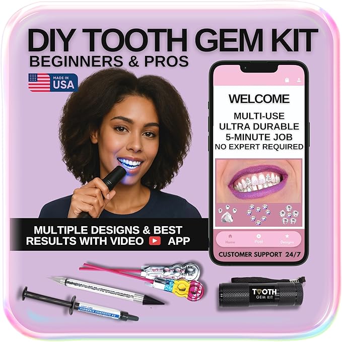 Professional for Beginners and Pros - Tooth Gems Video APP for Best Designs, Teeth Gems Kit with Glue and Light - Over 30 Gems & Shapes - Made in USA
