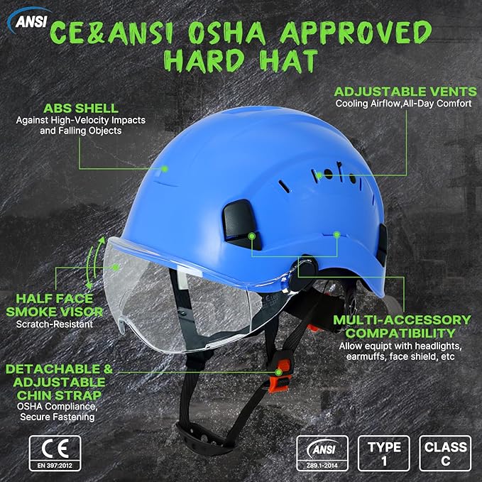 AOLAMEGS Construction Blue Hard Hats - Adjustable Vented Hard Hat with Visor for Men Women ABS Safety Helmet 6-Point Suspension Work Safety Helmet for Outdoor Height Industrial (with Clear Visor)