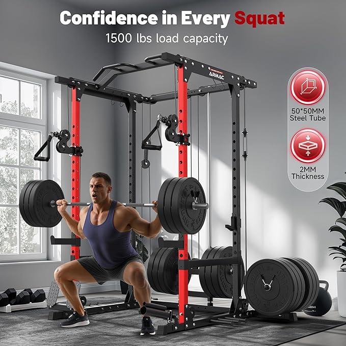 ARMAC Power Cage,1500lbs Multi-Function Power Rack with Adjustable Cable Crossover System and More Training Attachment, Weight Cage for Home Gym