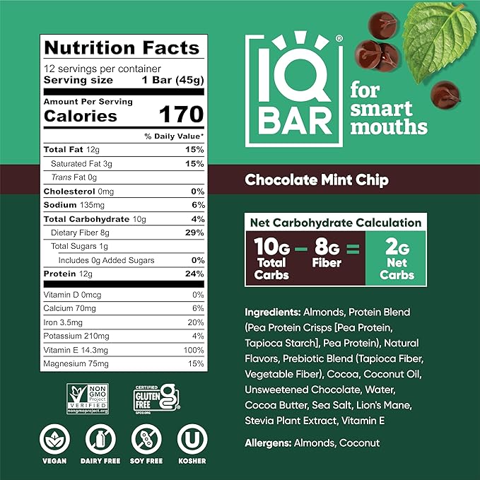 IQBAR Brain and Body Plant Protein Bars - Chocolate Mint Chip - 24-Count Low Carb - Gluten Free, High Fiber, Vegan Snacks - Low Sugar Meal Replacement