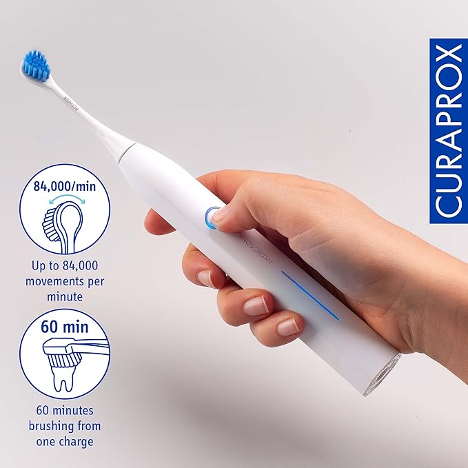 Curaprox Hydrosonic Pro Sonic Toothbrush – for Sensitive Teeth, Implants and Braces | Professional Cleaning at Home | Set with Three Brush Heads