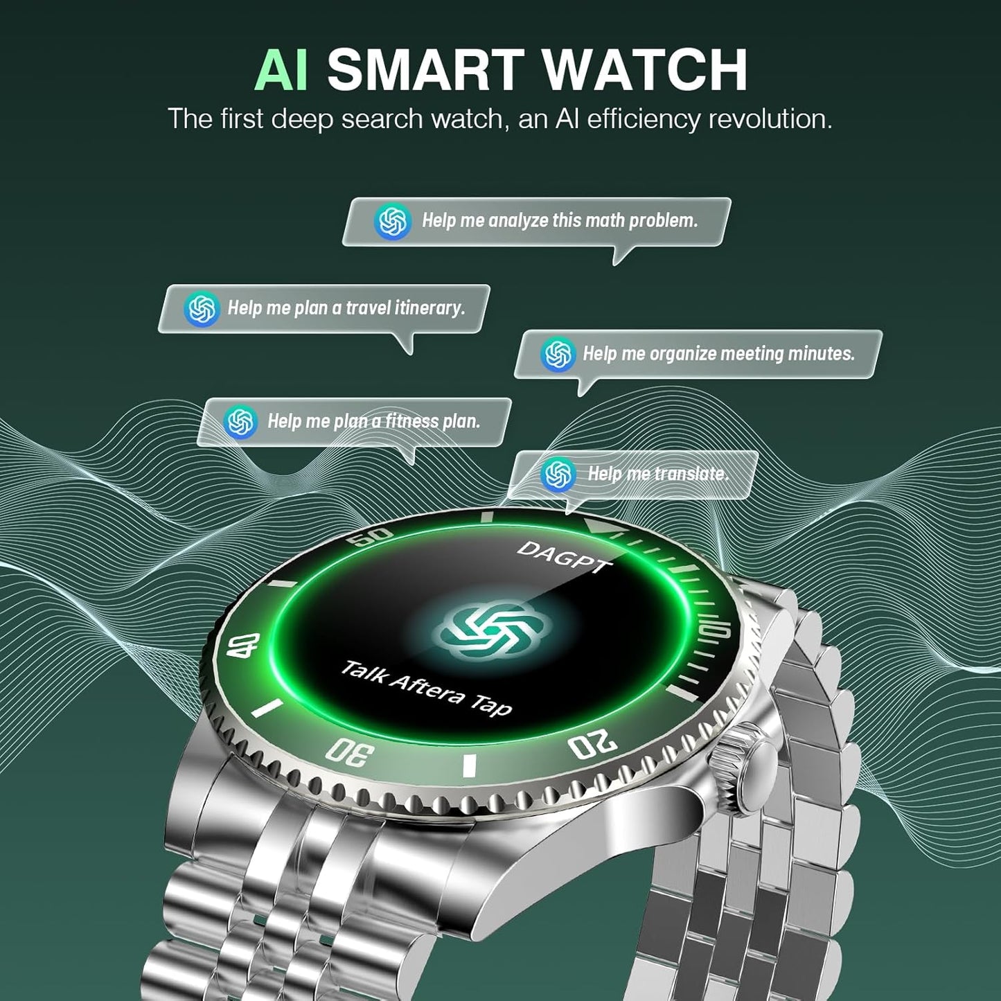 AI Smart Watch, DA GPT AI Waterproof Smartwatch, 1.19-inch AMOLED Display, 24/7 Heart Rate, Blood Oxygen, Blood Pressure, Sleep Monitor, 107 Sports Modes, Compatible Android and iOS Silver Green