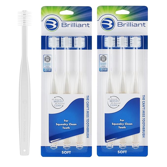 Brilliant Oral Care Adult Toothbrush with Soft Bristles, Round Head, and All-Around Clean for Teeth and Gums, Clear, 6 Pack