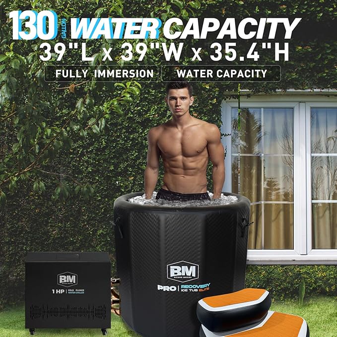Inflatable Cold Plunge Tub with Step, 1 HP Water Chiller for Ice Bath Tub, Hot & Cold Mode Machine with Ozone, Smart WiFi, Dual Filters, Fast Cooling, 115 Gallon, 39" L x 39" W x 35.4" H