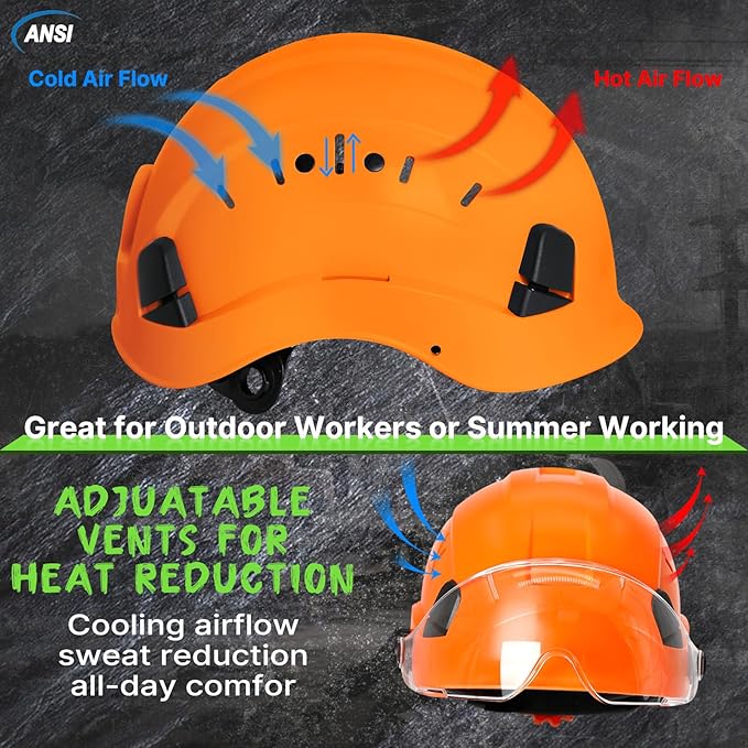 AOLAMEGS Construction Vented Hard Hats -Adjustable Vented Hard Hat with Visor for Men Women ABS Safety Helmet 6-Point Suspension Work Hardhats for Outdoor Height Industrial (Orange Clear Visor)