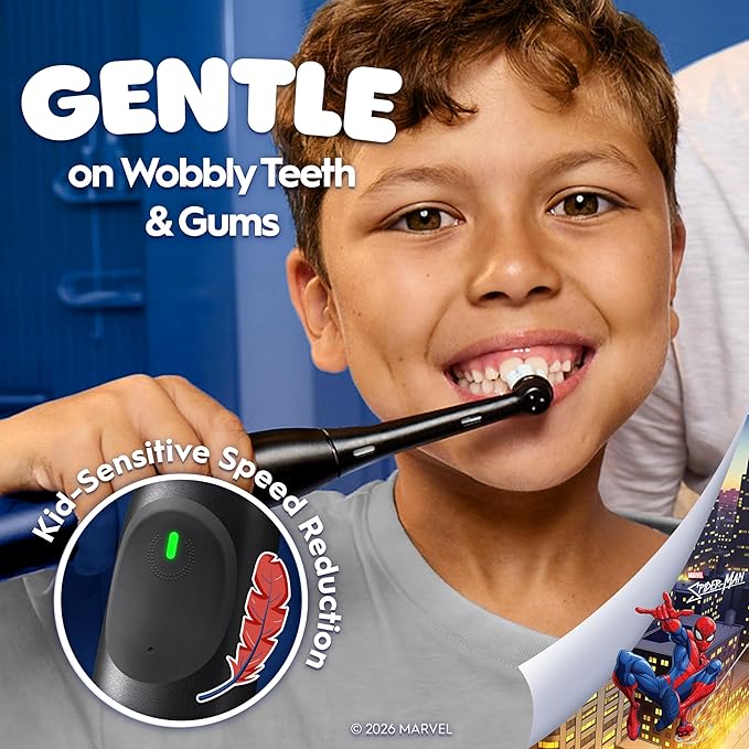 Oral-B iO Kids Limited Rechargeable Electric Powered Toothbrush, Spiderman with 1 Gentle Care Brush Head - Automatic Pressure Sensor to Protect Gums - 3 Cleaning Settings - 2 Min Music Timer