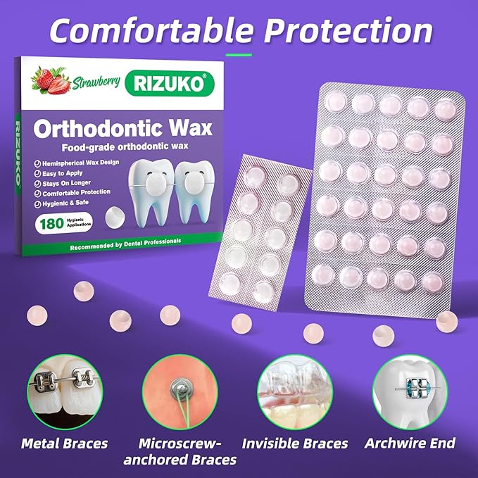 Orthodontic Wax for Braces - 180 Dental Wax Dots | Hygienic Individual Wraps, Strawberry