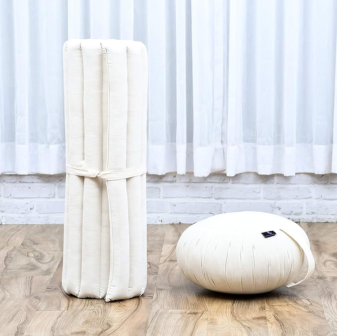 Leewadee Meditation Cushion Set – 1 Round Zafu Meditation Pillow and 1 Square Roll-Up Zabuton Meditation Mat, Pillows Bundle Filled with Kapok