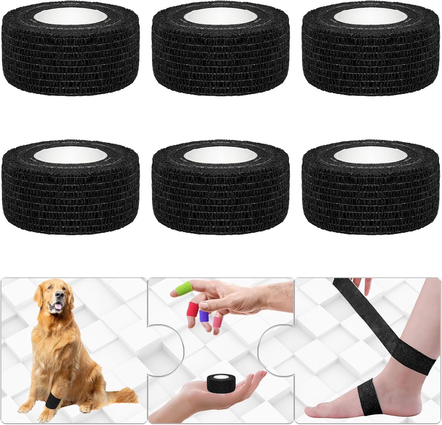 6 Pack 1 Inches Self Adhesive Bandage Wrap Breathable Cohesive Bandage Elastic Tape for Pets, Athletic, Sports, Wrist, Knee, Ankle(5 Yards Per Roll, Black)