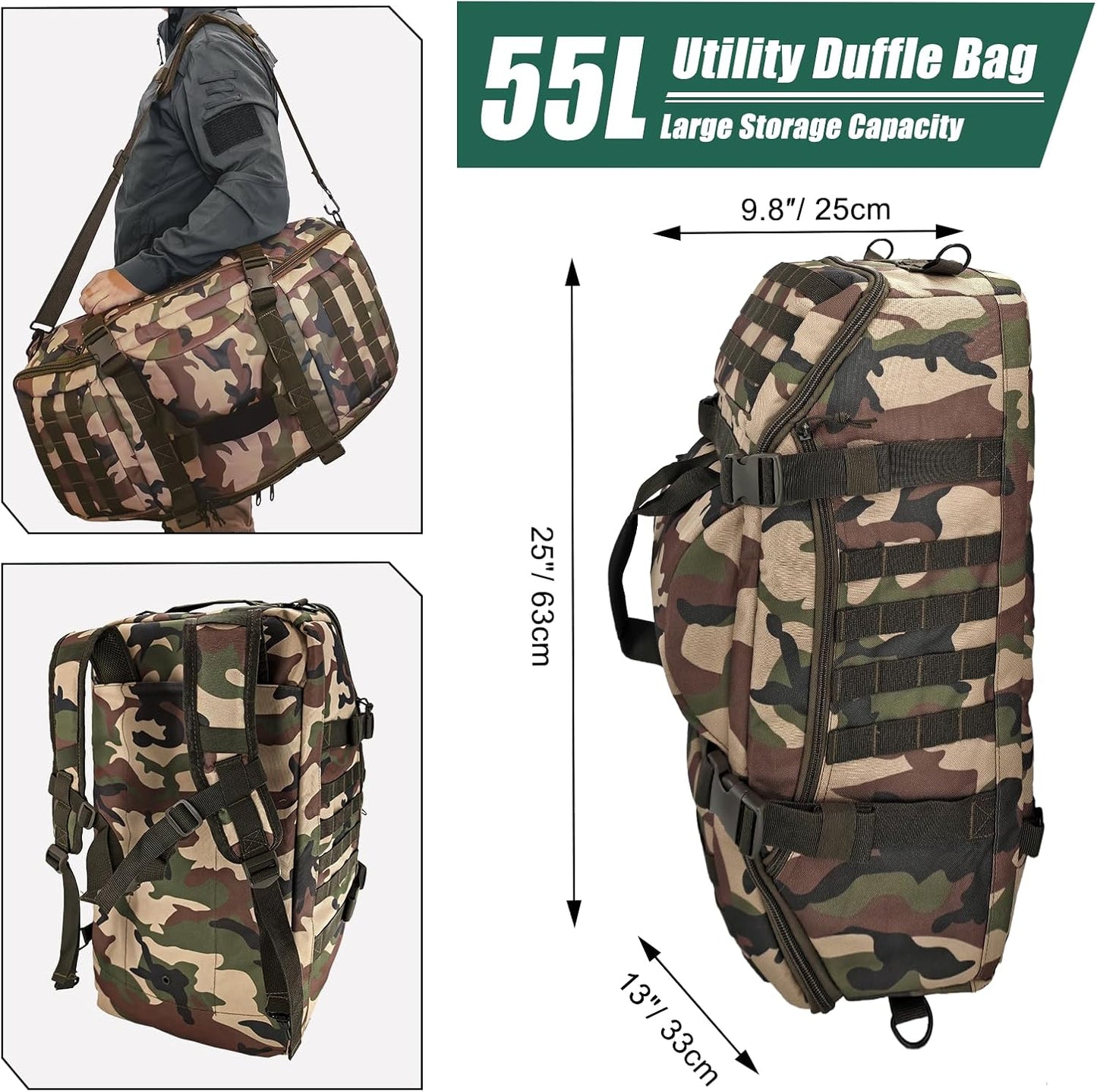 55L Large Duffle Bag, 3-in-1 Tactical Backpack MOLLE Pack for Sports, Gym, Outdoor, Woodland