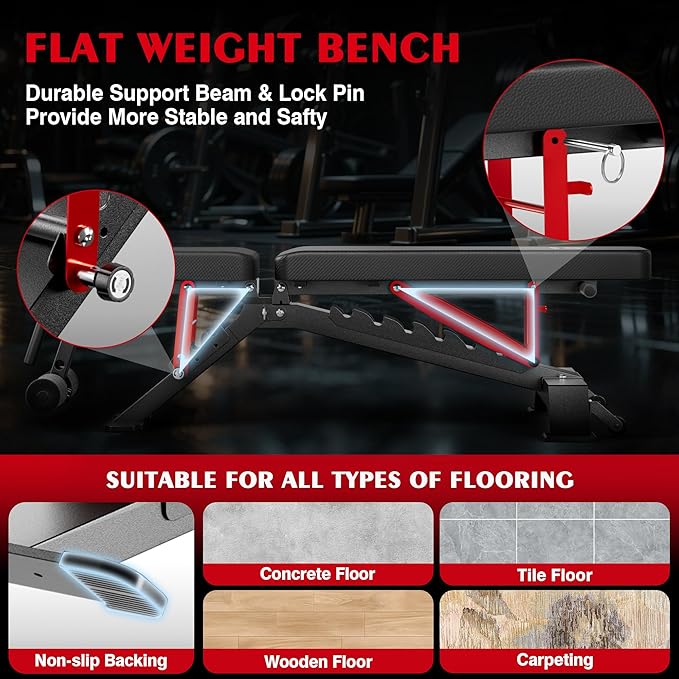 Adjustable Weight Bench - Foldable Workout Bench for Home Gym, PRO Heavy Duty 1300lb Capacity Full Body Strength Training with 8-Level Incline/Flat/Decline Positions & Space-Saving