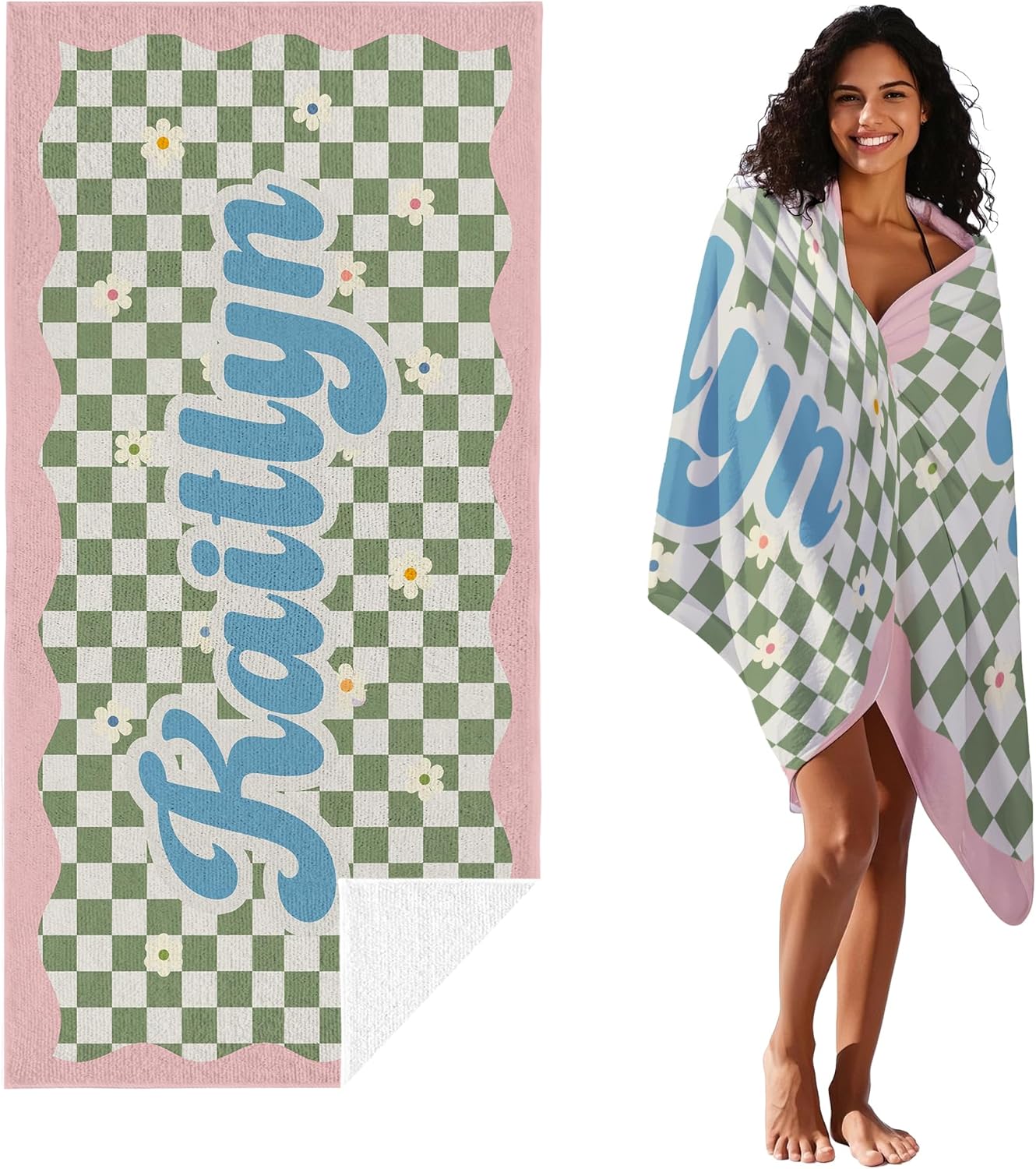 JML Personalized Beach Towel with Name, Custom Flower Beach Towel, Customized Microfiber Pool Towel, Quick Dry & Absorbent Swim Towel for Adult,Anniversary, Birthday, Summer Holiday,Vacation