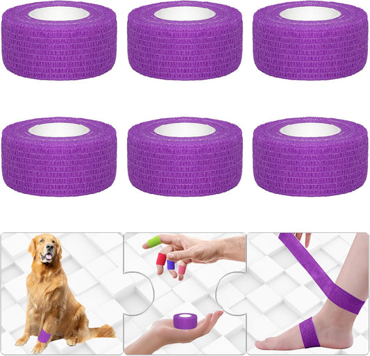 6 Pack 1 Inches Self Adhesive Bandage Wrap Breathable Cohesive Bandage Elastic Tape for Pets, Athletic, Sports, Wrist, Knee, Ankle(5 Yards Per Roll, Purple)