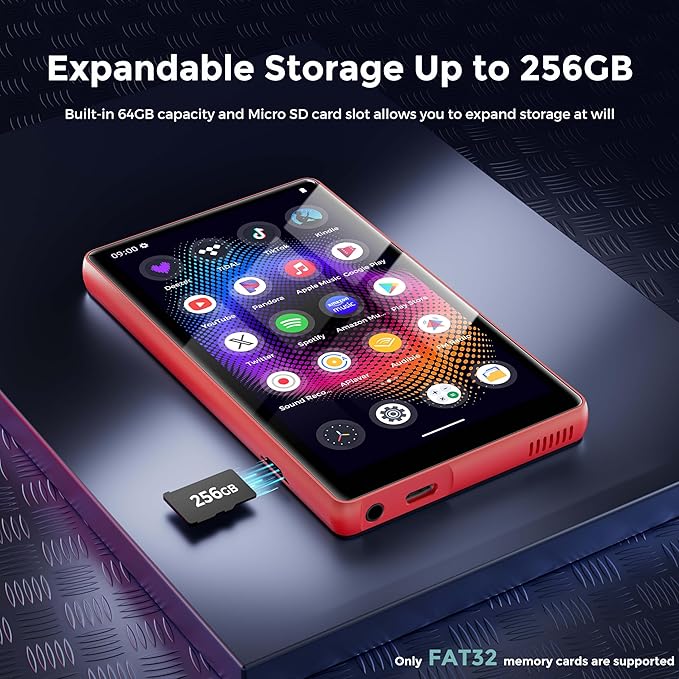 128GB MP3 Player with Bluetooth and WiFi，Music Video Player with Spotify Pandora,Amazon Music, 5" Touch Screen Android MP4 MP3 Player for Kids with Audible, YouTube, Spotify Kids,up to 256GB (Red)