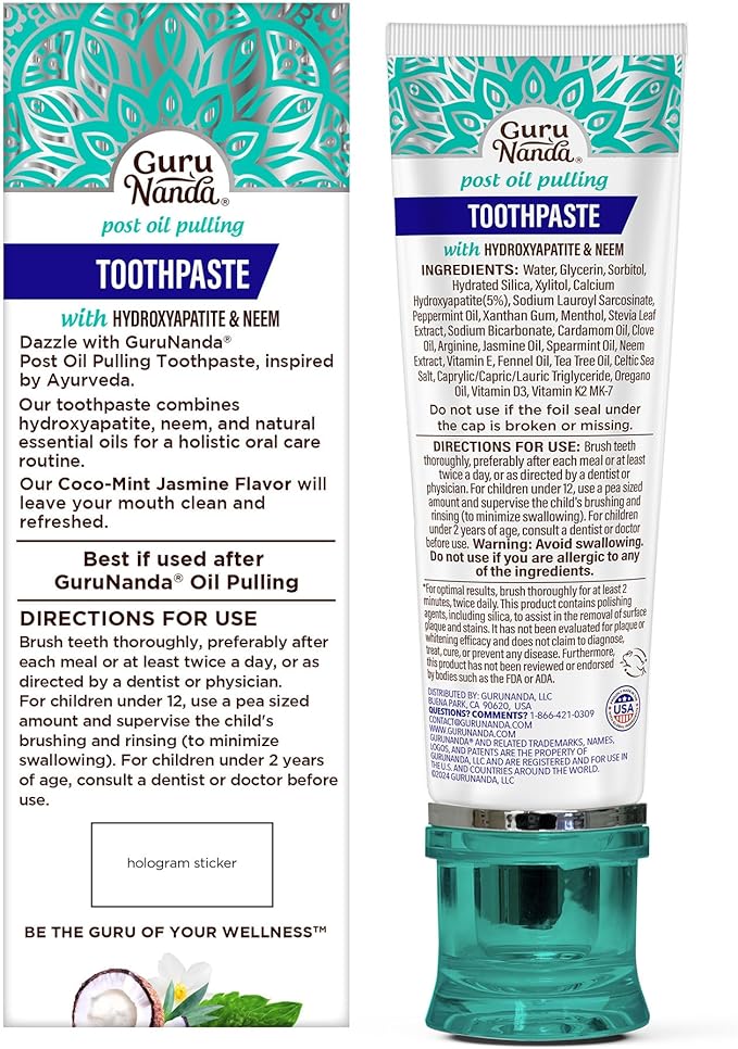 GuruNanda Hydroxyapatite Toothpaste, SLS & Fluoride Free, Whitening Toothpaste - Freshens Breath, Fights Plaque - Natural CocoMint Jasmine Neem, 4.2oz (Pack of 2)
