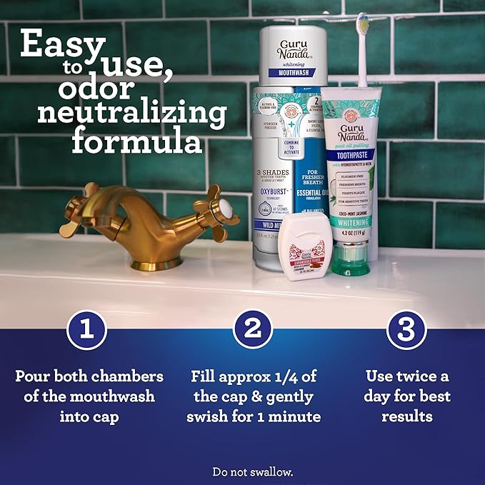 GuruNanda Teeth Whitening Dual Barrel Oxyburst Mouthwash - Alcohol & Fluoride Free, Hydrogen Peroxide to Promote Whiter Teeth - Wild Mint - 20 Fl Oz