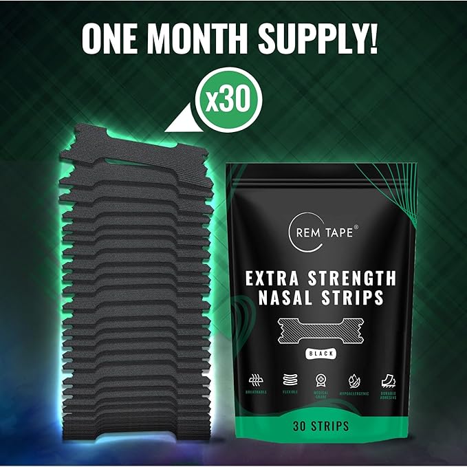REM Tape™ Extra Strength Nasal Strips (30 Pack). Congestion and Snoring Relief. Dual Spring Flex Technology. Soft Medical Grade Fabric. Skin Friendly Hypoallergenic Adhesive. One Month Supply!, Black