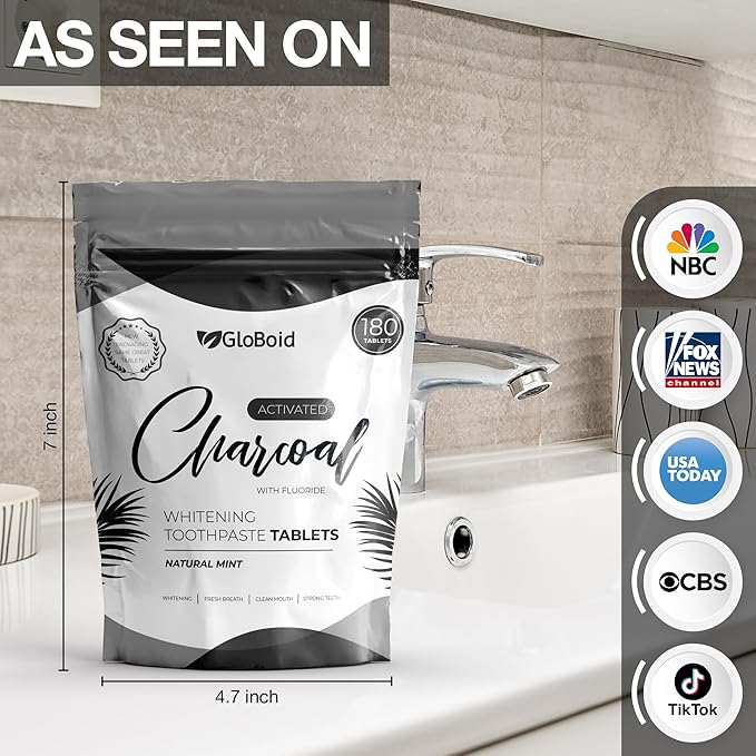 GloBoid Charcoal Toothpaste Tablets with Fluoride Three Month Refill, Zero Waste, Eco Friendly & Plastic Free Toothpaste Tabs, Toothpaste Bites for Travel