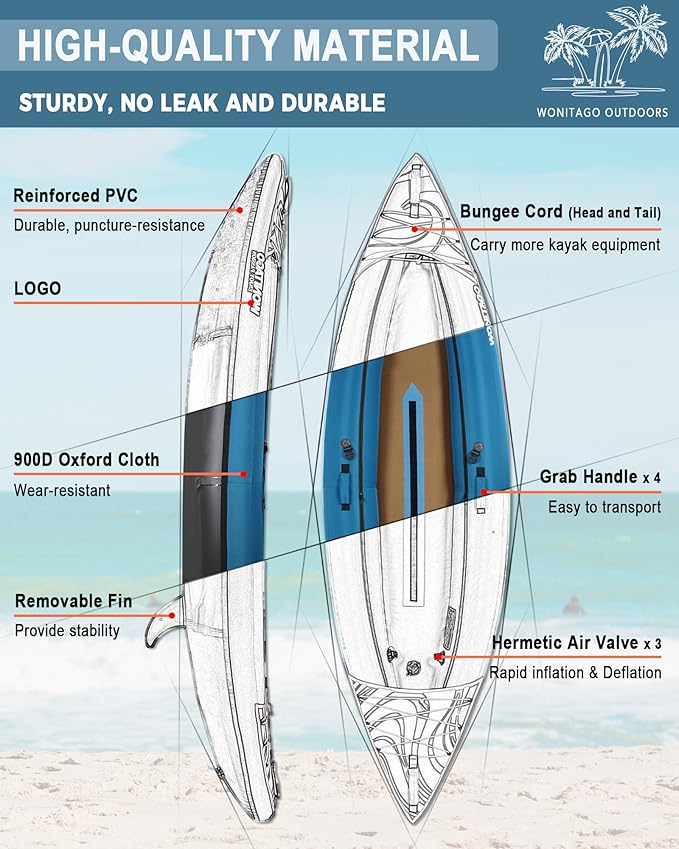 Inflatable Kayak, Portable Ripstop Oxford Cloth Recreational Touring Kayak with Fiberglass Kayak Paddle, Hand Pump and Carrying Bag, 1/2 Person
