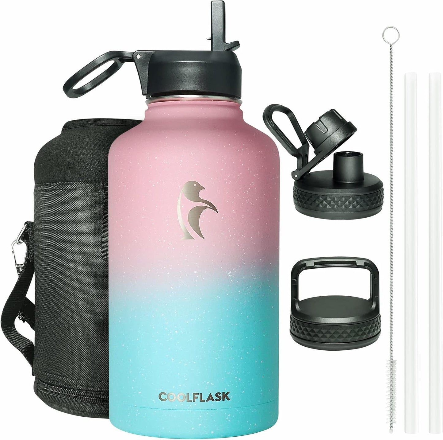 64 oz Water Bottle Insulated with Straw&3 Lids, Coolflask Half Gallon Water Jug Galaxy Large Metal Stainless Steel Vacuum flask for Gym, Sports and Travel, Keep Cold 48H Hot 24H, Blooming Cherry