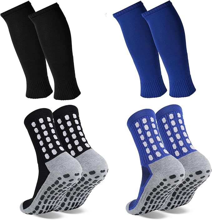2 Set Grip Soccer Socks with Shin Guard Sleeves Non Slip Soccer Leg Sleeve Socks for Men Women