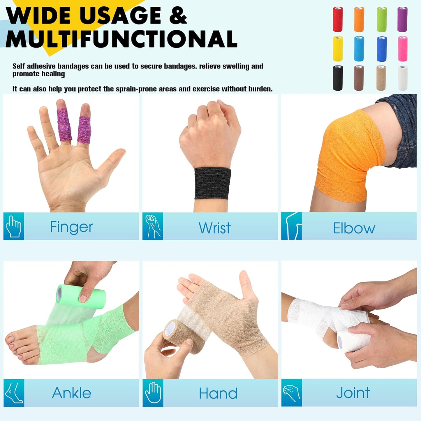 4 Pack Self Adhesive Bandage Wrap, 6 in x 5 Yards Non-Woven Self Adherent Cohesive Bandage, Vet Wrap Wound Tape for Thumb Finger Wrist Knee Ankle, White