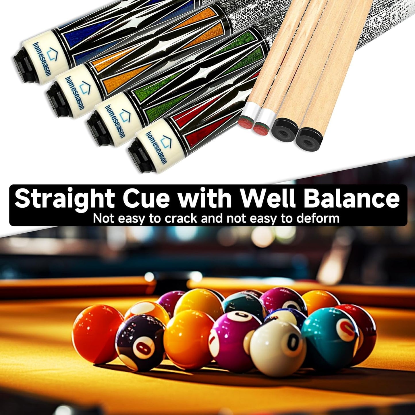 HomeSeason Pool Cue Stick 58" Billiard Cue Sticks 3D Printed Grip Professional Low Deflection Pool Sticks Maple Wood Pool Sticks 13mm Tip