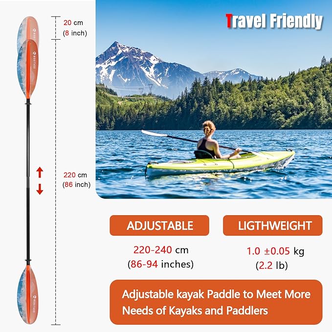 Kayak Paddles with Fiberglass Shaft and Reinforced PP Blade, Floating Adjustable Kayaking Oars, 3 Piece, 220-240 cm/86-94 Inches, 240-260 cm/94-102 Inches