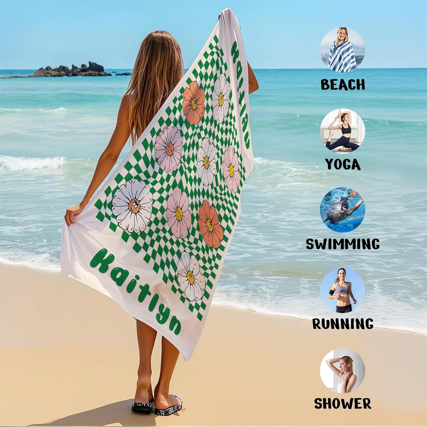 JML Personalized Beach Towel with Name, Custom Flower Beach Towel, Customized Microfiber Pool Towel, Quick Dry & Absorbent Swim Towel for Adult,Mother's Day, Birthday, Summer Holiday,Vacation