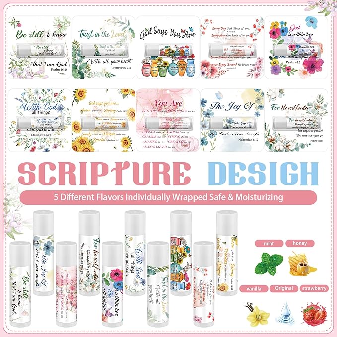 10 Pack Christian Religious Gifts Bulk Bible Verse Lip Balms 5 Flavor for Women Men Christian Religious Church Party Favors with Scripture Inspirational Gifts for Coworkers Staff