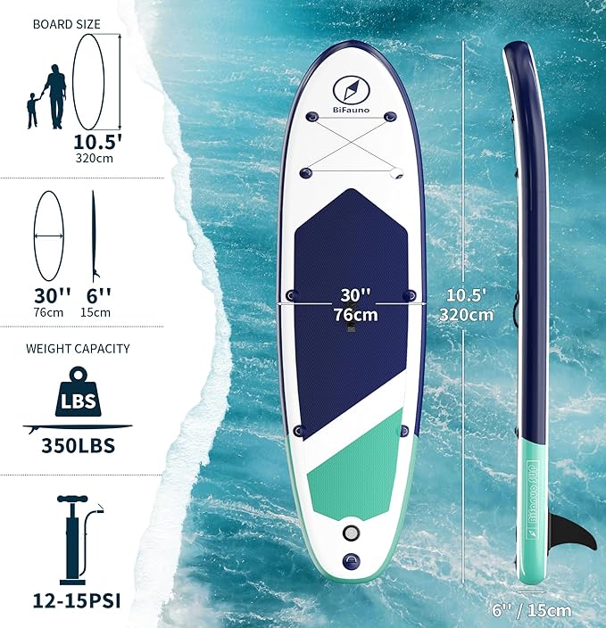 Inflatable Stand Up Paddle Board with SUP Accessories & Backpack. Paddle Boards for Adults. Non-Slip Deck, Wide Stance, Bottom Fin, Double Action Pump.