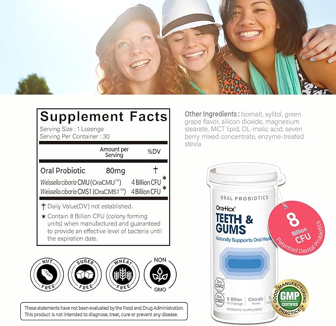 OraTicx Teeth & Gums Oral Probiotics, 8 Billion CFU - Naturally Supports Oral Health, Fresh Breath, and Immunity, Dental Probiotic Supplement, Grape Flavor 30 Lozenges 1-PK