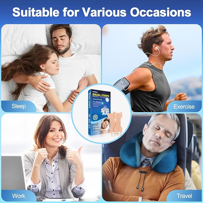 50 Count Nasal Strips for Snoring, ZenithHome New Upgraded 3 Spring Bands Nose Strips for Breathing, Snoring Solution for Sports and Sleep, Help Stop Snoring and Nasal Congestion Relief (66mm*22mm)