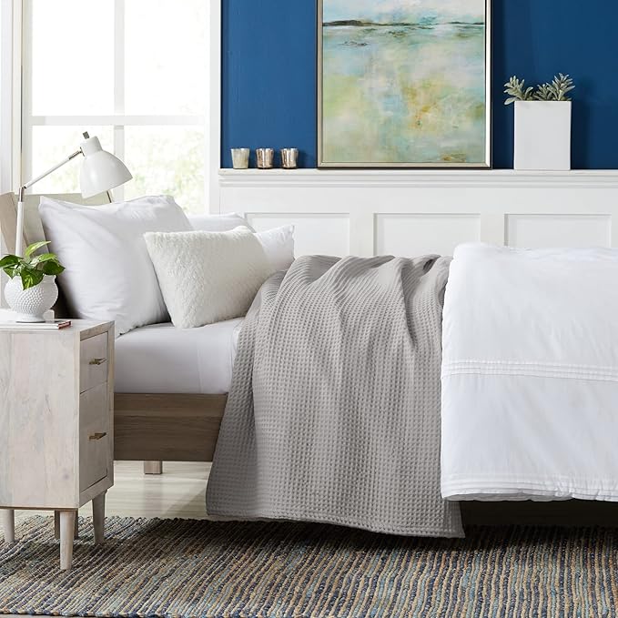 100% Cotton Waffle Weave Bed Blanket | Soft, Breathable, and Lightweight Blanket for All-Season | Perfect for Layering | Brielle Collection (King, Light Grey)