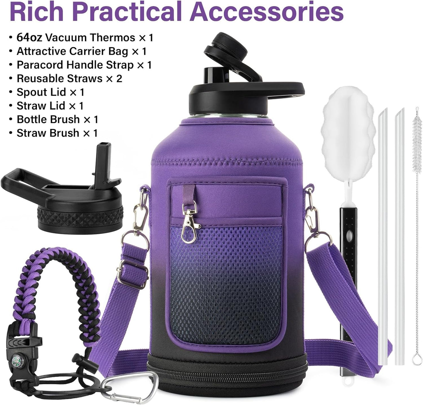 Insulated Water Bottle | Thickened Stainless Steel Vacuum Metal | Portable Sports Half Gallon Large Water Jug for Gym and Hiking with Straw, Carrier Bag, Handle Strap | BPA-Free 64 oz