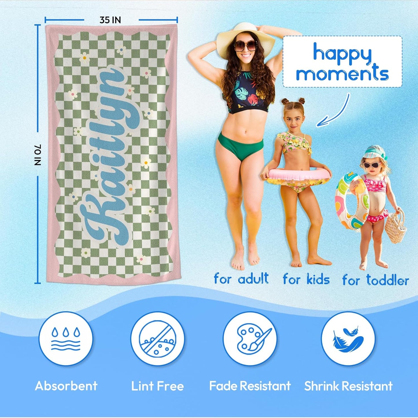 JML Personalized Beach Towel with Name, Custom Flower Beach Towel, Customized Microfiber Pool Towel, Quick Dry & Absorbent Swim Towel for Adult,Anniversary, Birthday, Summer Holiday,Vacation