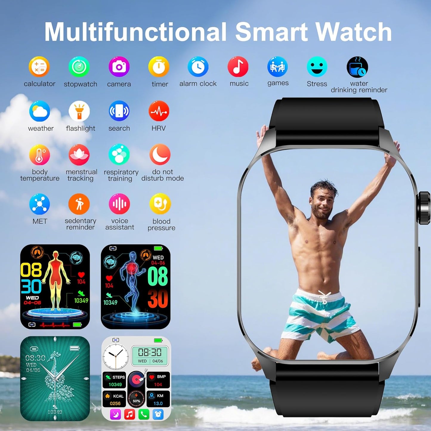 Advanced Health Smartwatch for Women Men with Real-Time Monitoring of Heart Rate, Blood Oxygen, Body Temperature, Blood Pressure, Sleep Quality and Stress Levels, Always-On Display, for Android & iOS
