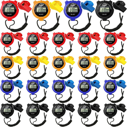 48 Pcs Digital Stopwatch Timer Plastic Whistle Bulk for Sports Coaches Referee Waterproof Watch Timer Whistle with Lanyard Multi Function Electronic Fitness Date Alarm (Multicolor)