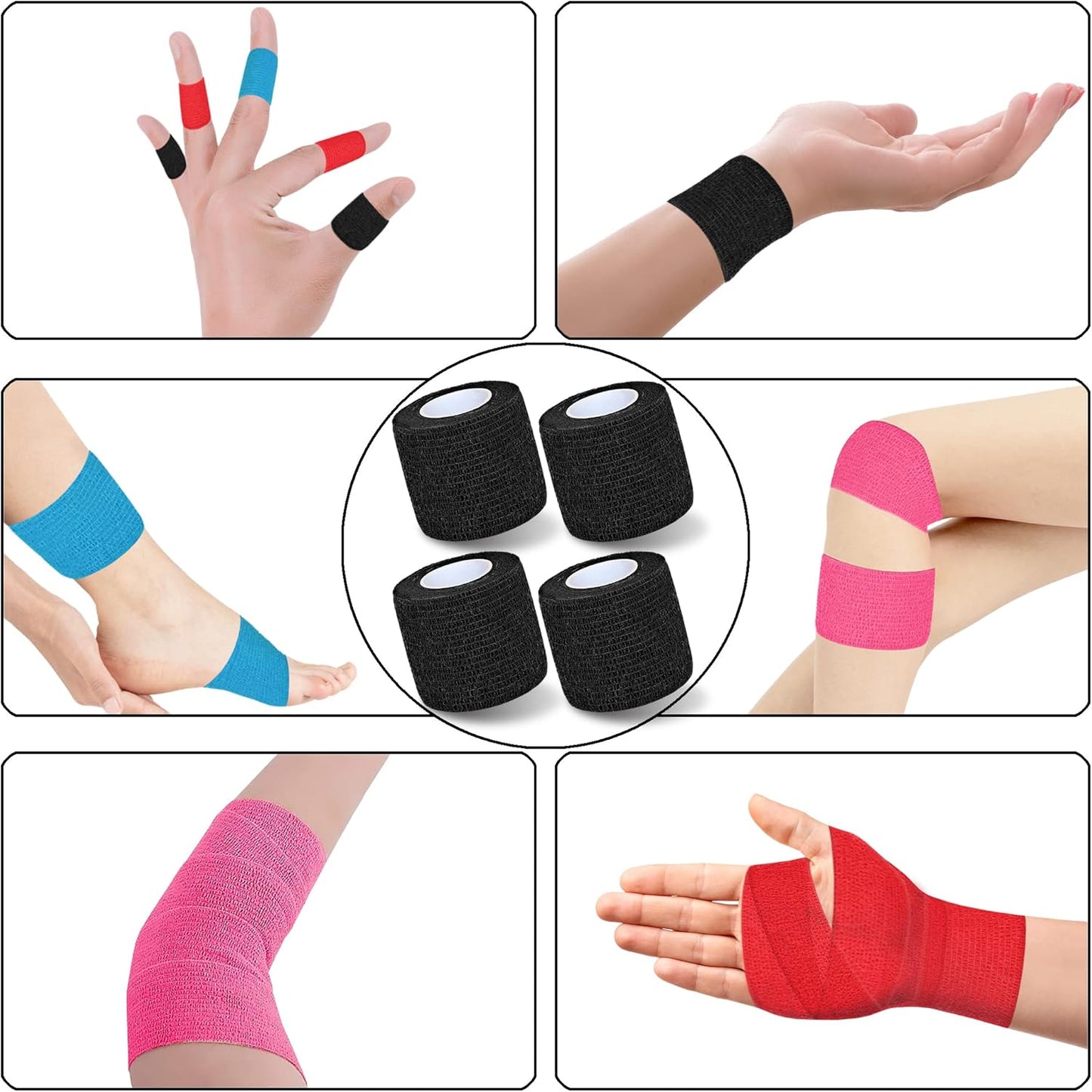 8 Pack 2 in x 5 Yards Cohesive Wrap Self Adhesive Bandage Wrap Elastic Self Adherent Wrap Self Stick Vet Tape for Athletic, Wrist, Ankle, Knees, Pets (Black)