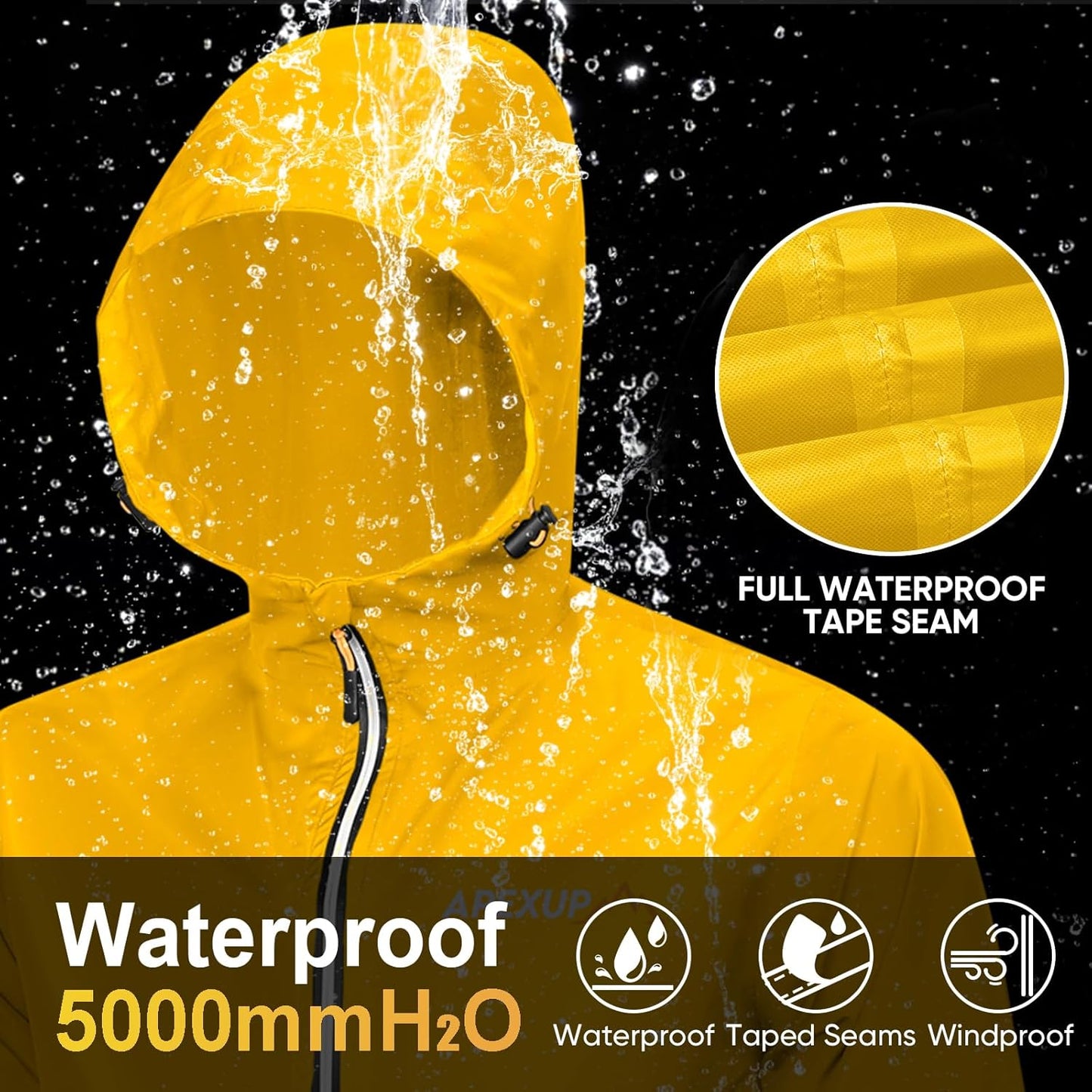 APEXUP Packable Rain Jacket Men with Reflective Zipper, Lightweight Waterproof Raincoat, Mens Rain Jacket for Outdoor Sports