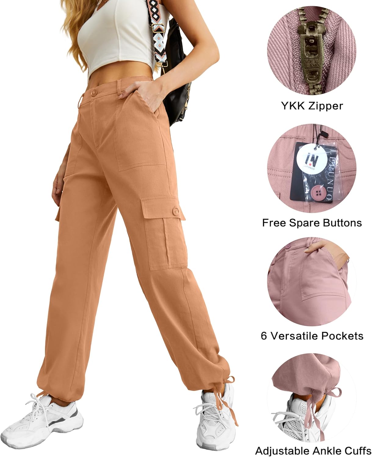 Lepunuo Women's High Waisted Cargo Pants Travel Y2K Streetwear Baggy Stretchy Pants with 6 Pockets Drawstring Ankle Cuffs